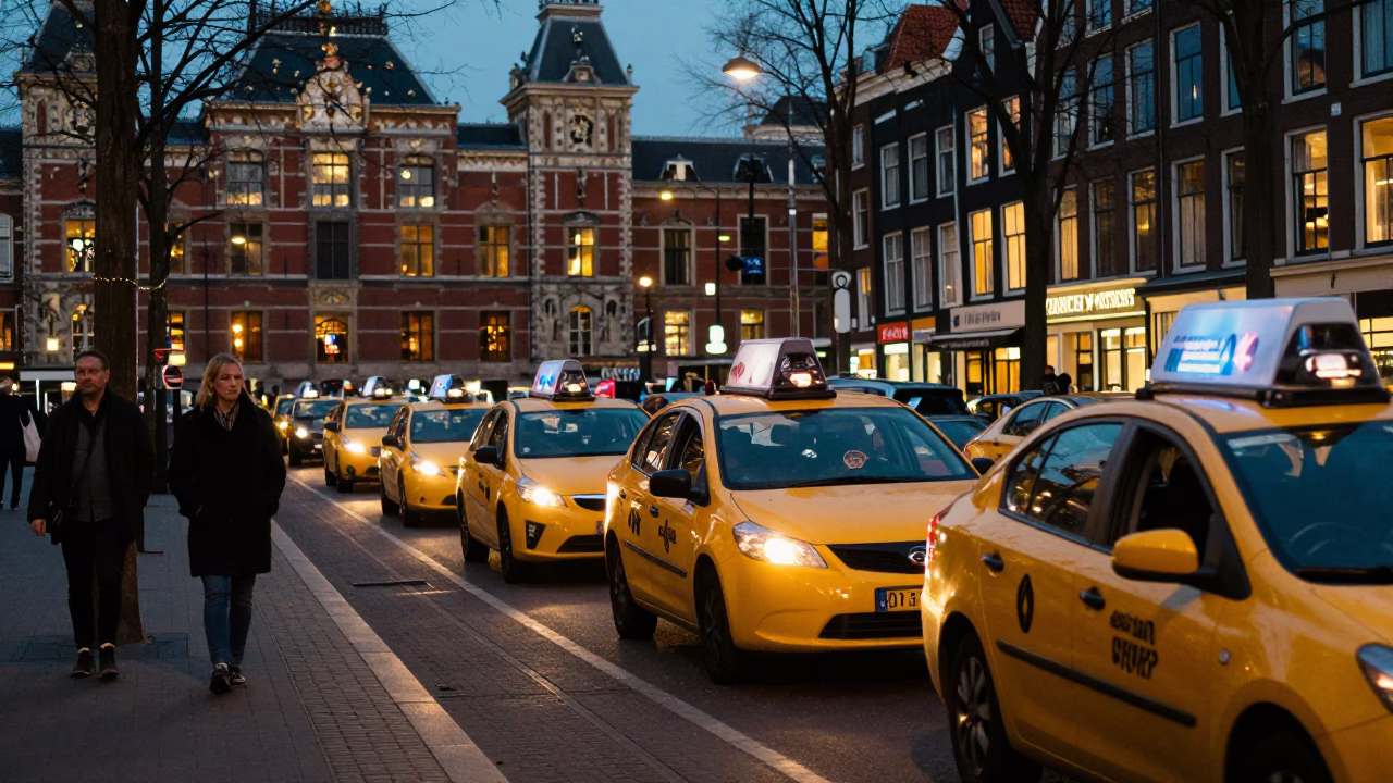 Amsterdam Canal Street Twilight with Yellow Taxis and Brick Architecture in in Amsterdam, Netherlands