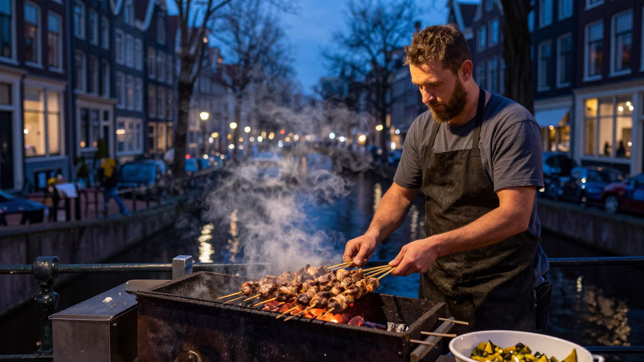 Amsterdam canal street vendor grilling kebabs at twilight in 1980s Netherlands in in Amsterdam, Netherlands
