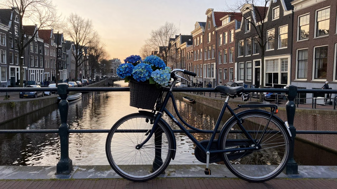 Amsterdam Canal Sunrise Bicycle Basket Blue Hydrangea 1990s Street Photography in in Amsterdam, Netherlands