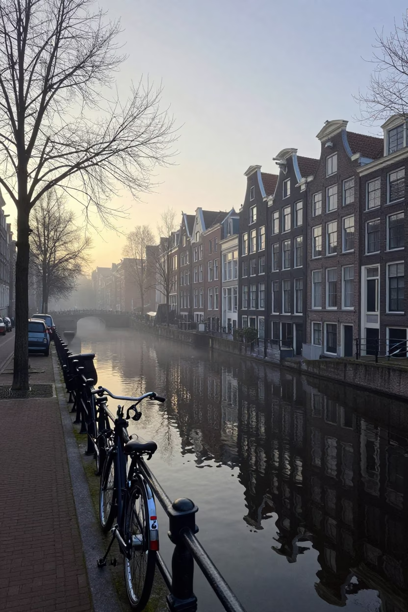 Amsterdam Canal Sunrise Mist with Bicycle and Traditional Dutch Architecture in in Amsterdam, Netherlands
