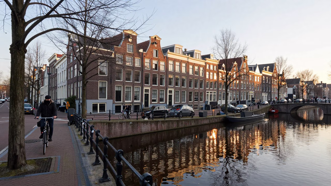 Amsterdam Canal Sunrise Street Scene with Cyclists and Traditional Dutch Architecture in in Amsterdam, Netherlands