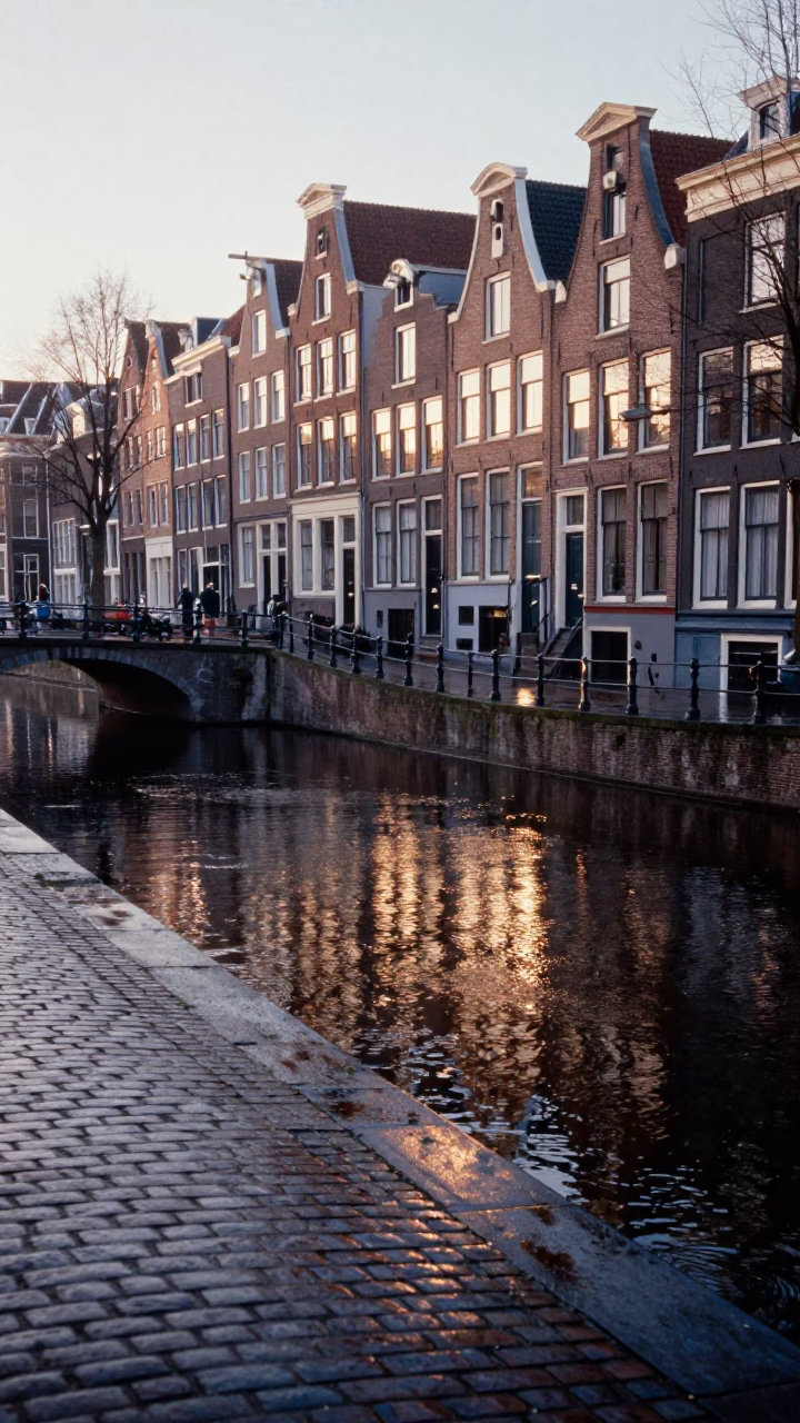 Amsterdam Canal Sunrise Wet Cobblestones and Brick Facades in in Amsterdam, Netherlands