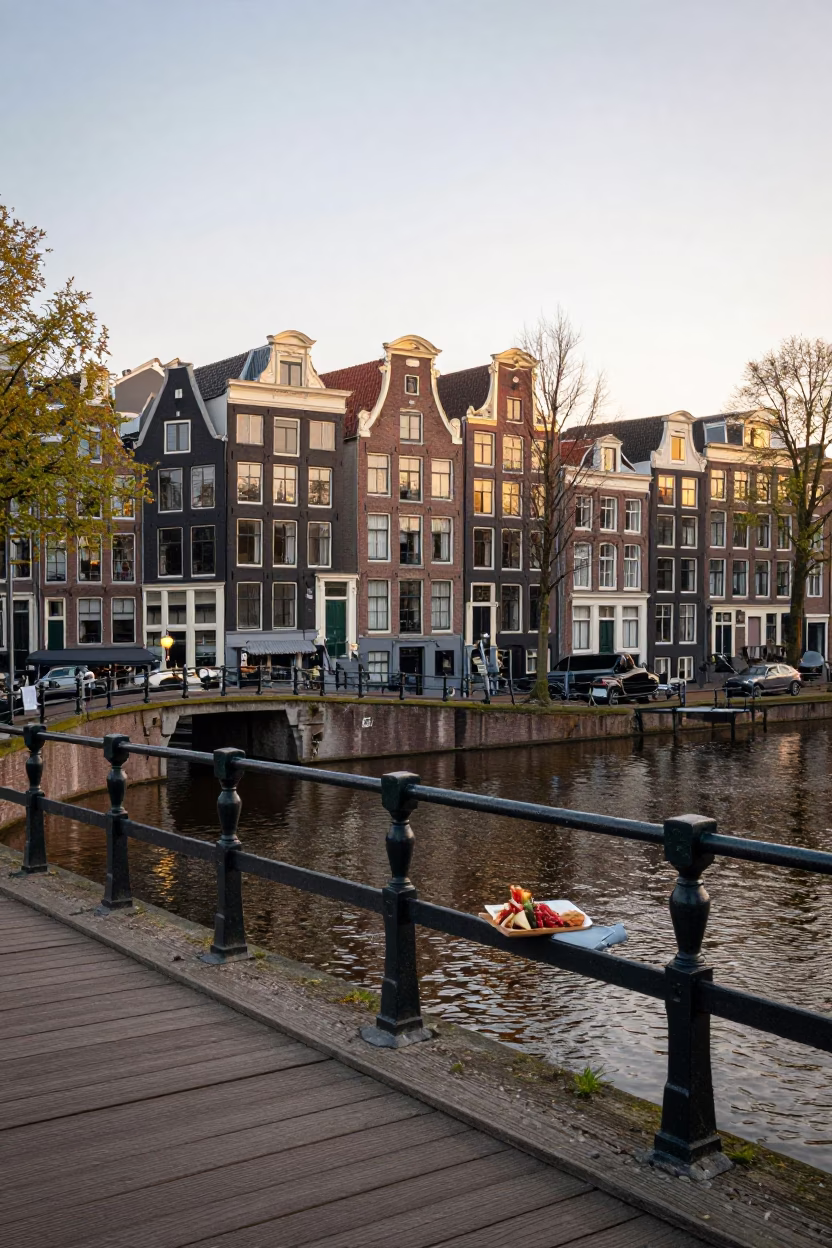 Amsterdam Canal Sunrise with Charcuterie Board on Wooden Bridge Railing in in Amsterdam, Netherlands