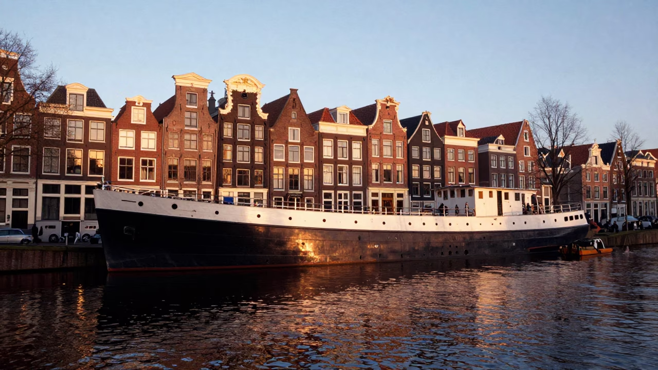 Amsterdam Canal Sunrise with Dry Dock Ship Hull and Frayed Rope Fibers in in Amsterdam, Netherlands
