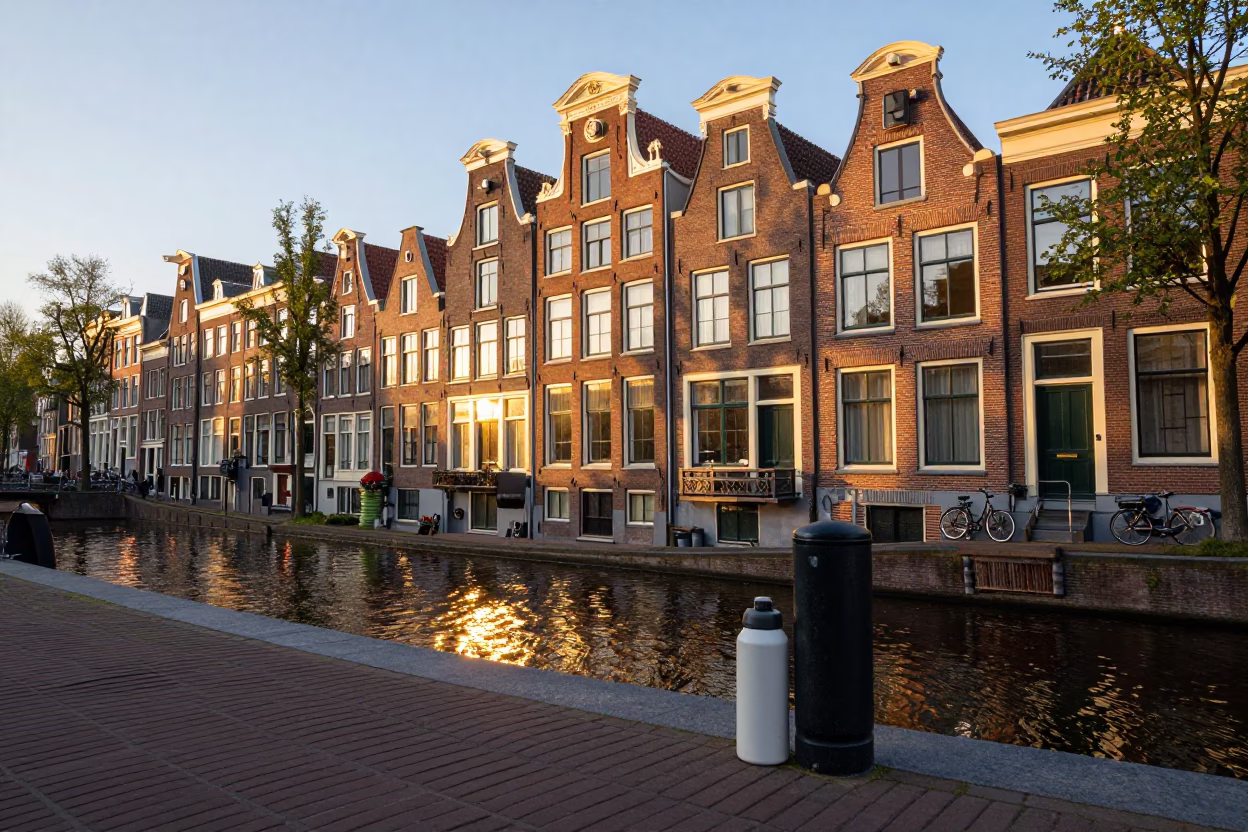Amsterdam Canal Sunrise with Latch and Watering Bottle on Brick Building in in Amsterdam, Netherlands