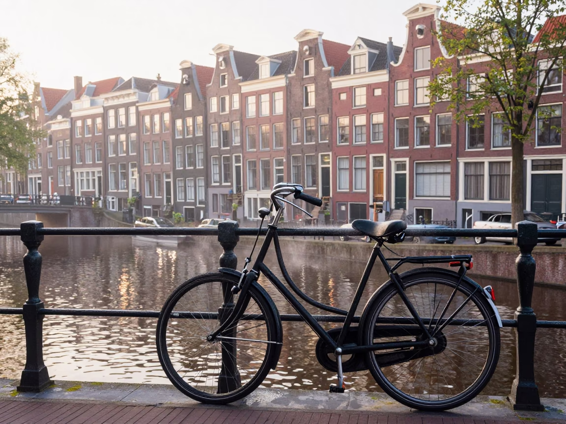 Amsterdam Canal Sunrise with Vintage Bicycle and Condensation on Glass in in Amsterdam, Netherlands