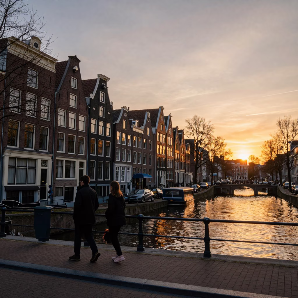 Amsterdam Canal Sunset Evening Walk Golden Hour Dutch Architecture in in Amsterdam, Netherlands