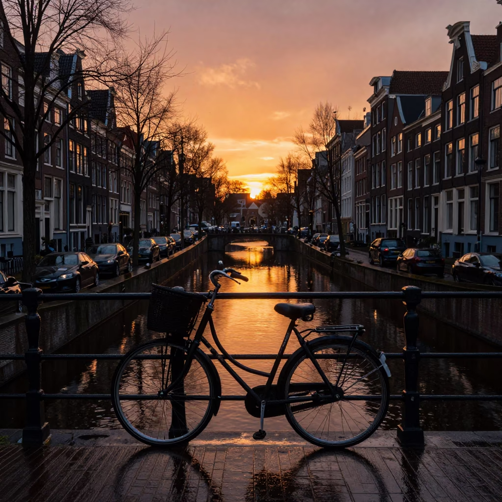 Amsterdam Canal Sunset Reflections with Vintage Bicycle and Wet Cobblestone Street Scene in in Amsterdam, Netherlands