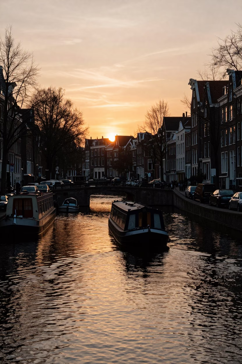 Amsterdam Canal Sunset Scene with Narrow Boat and Historic Architecture in in Amsterdam, Netherlands