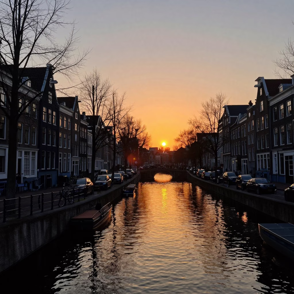 Amsterdam Canal Sunset Silhouette with Bicycle and Water Reflections in in Amsterdam, Netherlands