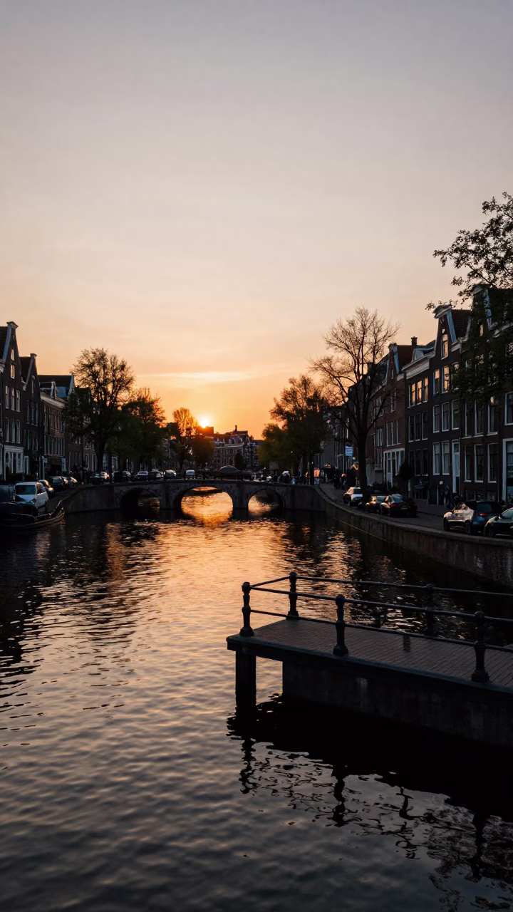Amsterdam Canal Sunset View with Bridge Pier and Traditional Dutch Architecture in in Amsterdam, Netherlands
