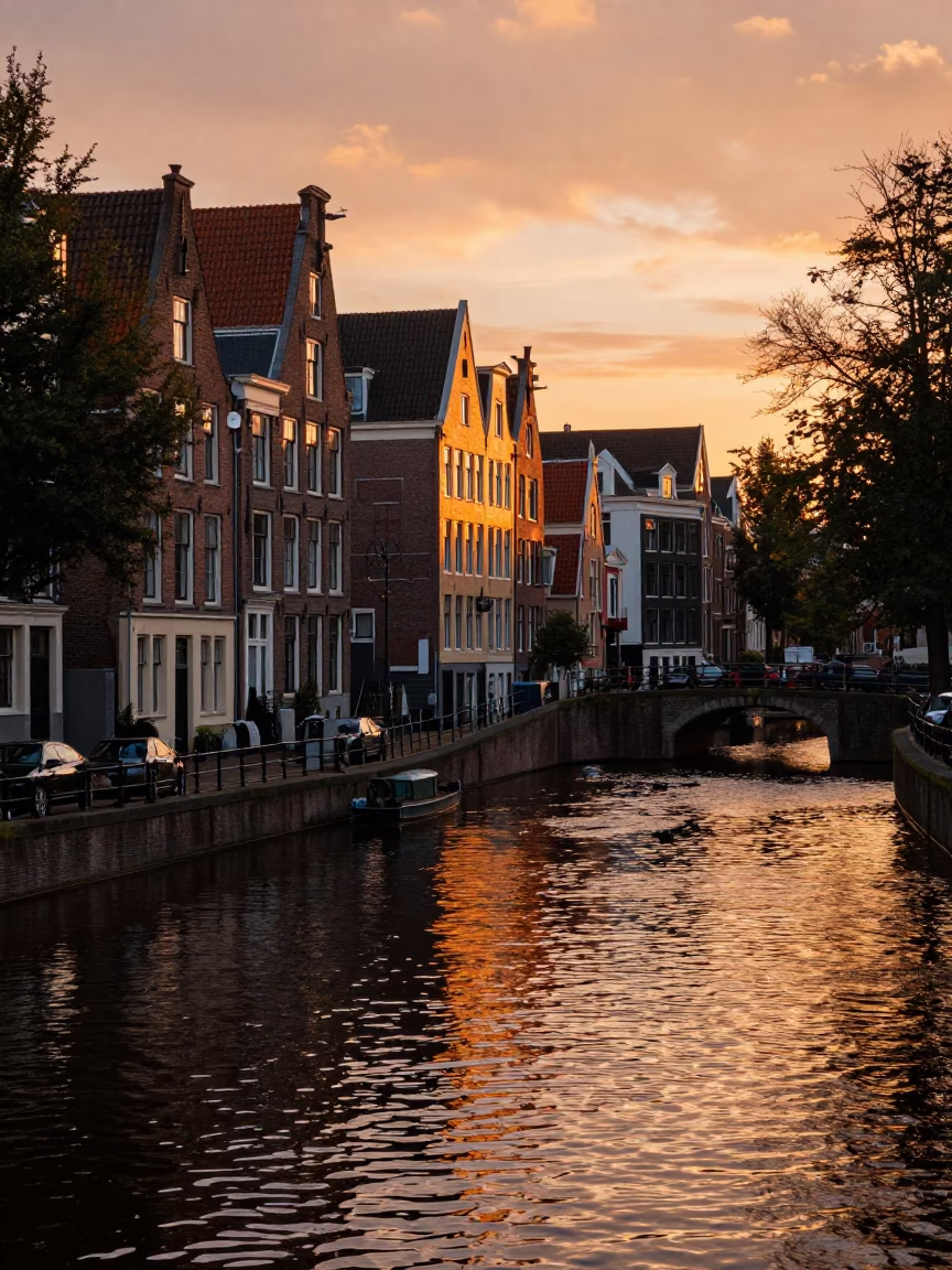 Amsterdam Canal Sunset View with Historic Brick Architecture and Glass Jar Reflection in in Amsterdam, Netherlands