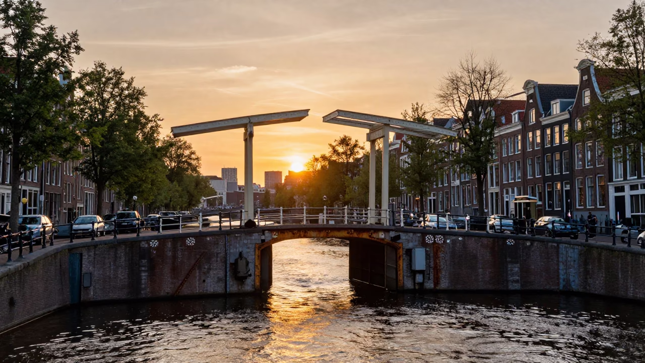 Amsterdam Canal Sunset View with Rusted Drawbridge Lock and Pedestrian Overpass Footsteps in in Amsterdam, Netherlands