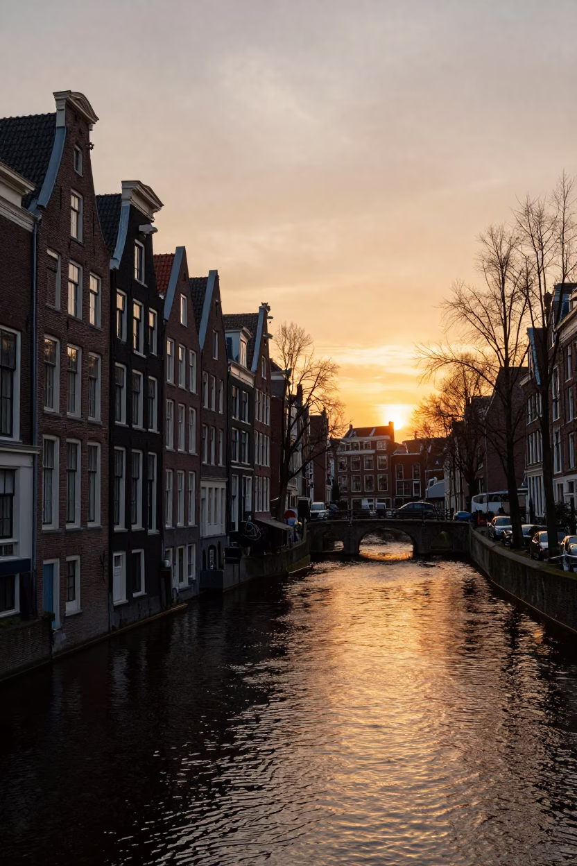 Amsterdam Canal Sunset View with Traditional Dutch Brick Architecture and Reflective Water in in Amsterdam, Netherlands