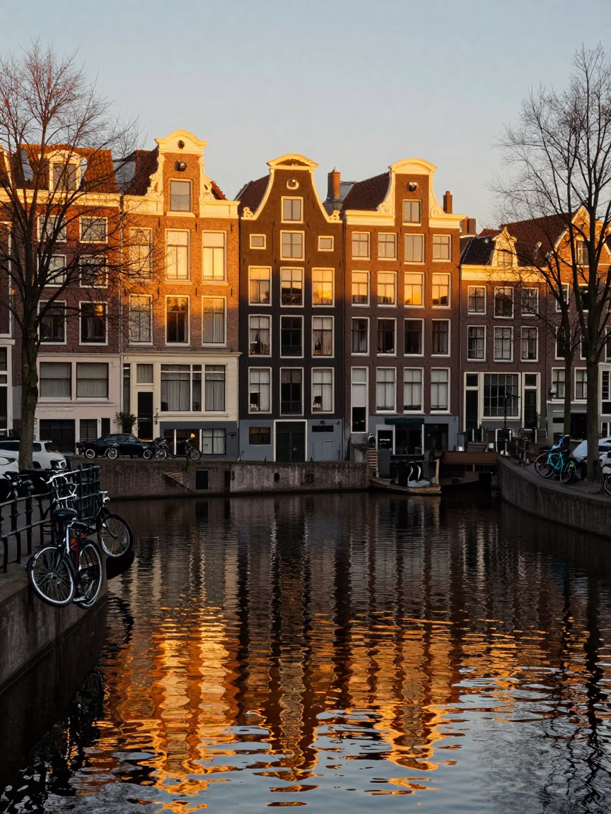 Amsterdam Canal Sunset with Bicycle Reflections and Traditional Brick Architecture in in Amsterdam, Netherlands