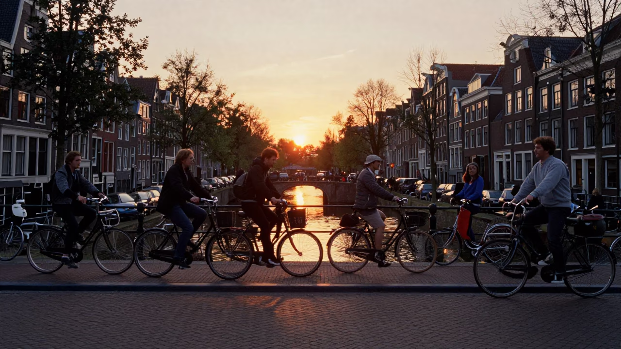 Amsterdam Canal Sunset with Cyclists and Traditional Bicycles in Dutch Evening Light in in Amsterdam, Netherlands