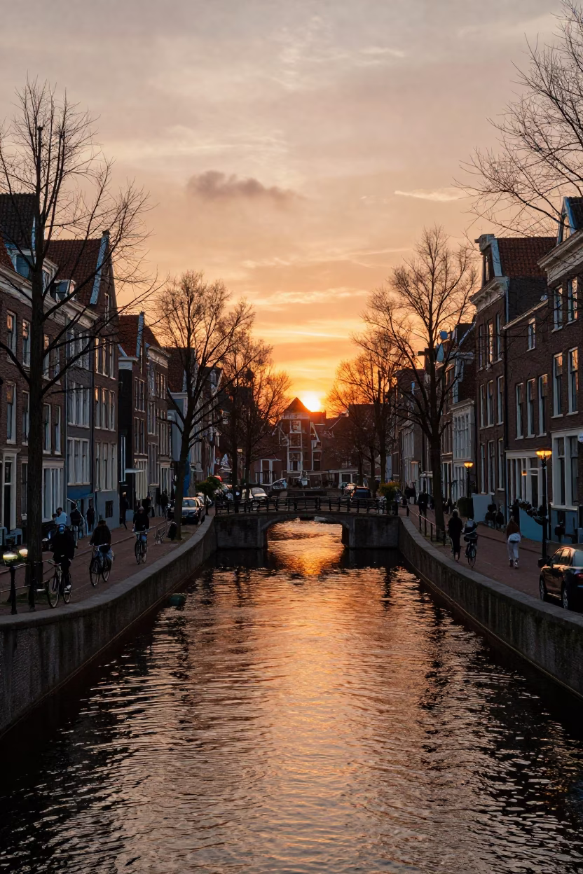 Amsterdam canal sunset with cyclists and traditional Dutch architecture in in Amsterdam, Netherlands