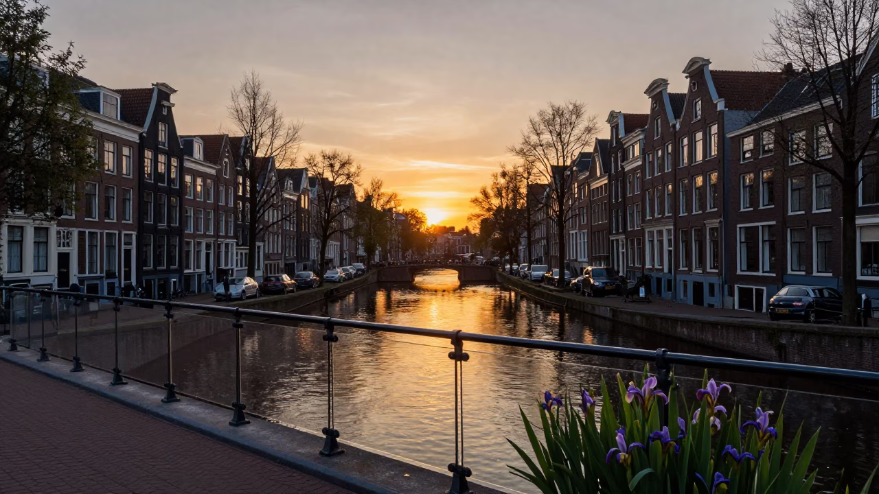 Amsterdam Canal Sunset with Glass Railings and Wild Iris Blooms in in Amsterdam, Netherlands