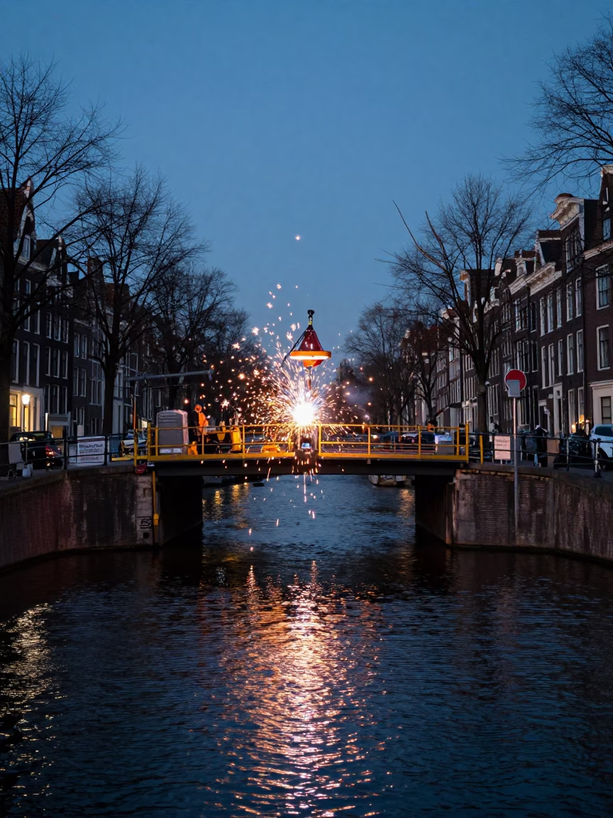 Amsterdam Canal Twilight Bridge Construction Welding Sparks and Steel Latch Detail in in Amsterdam, Netherlands