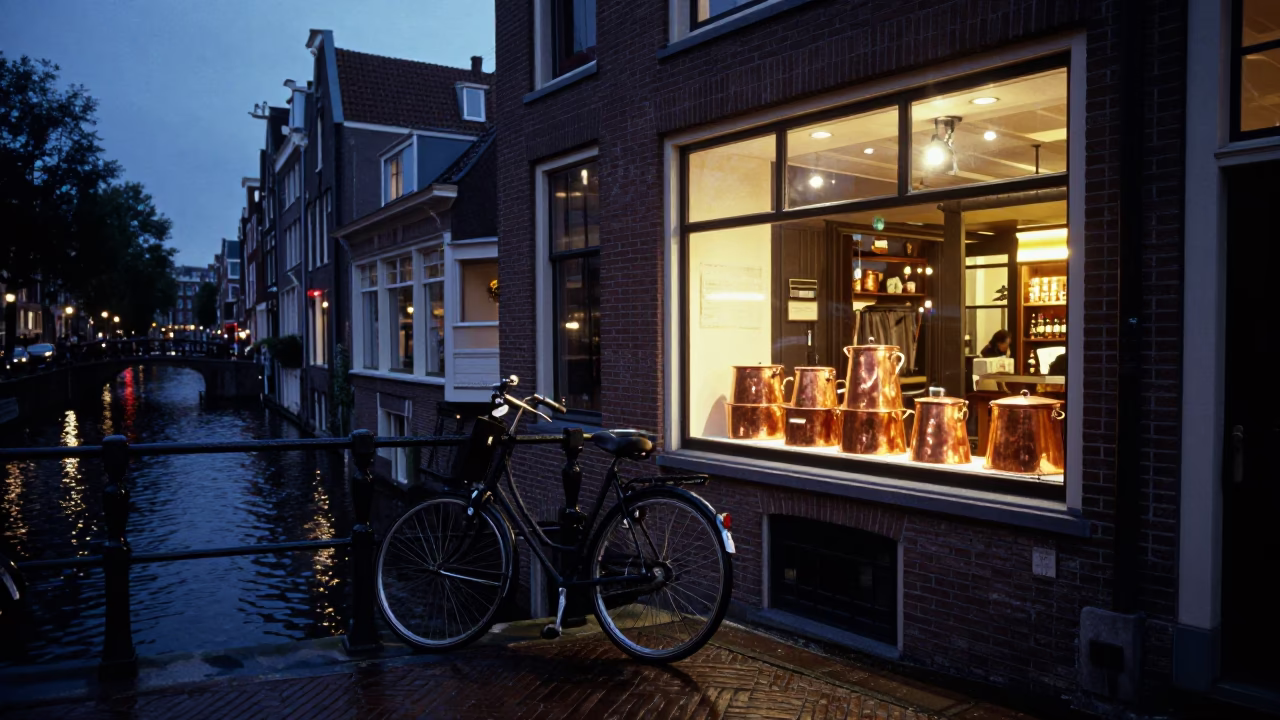 Amsterdam Canal Twilight Copper Pots Bakery Bicycle in in Amsterdam, Netherlands