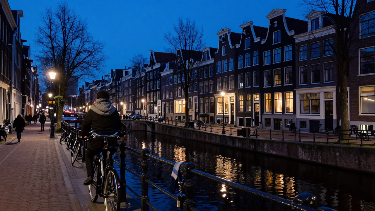 Amsterdam Canal Twilight Scene with Bicycle and Scarf Reflections in in Amsterdam, Netherlands