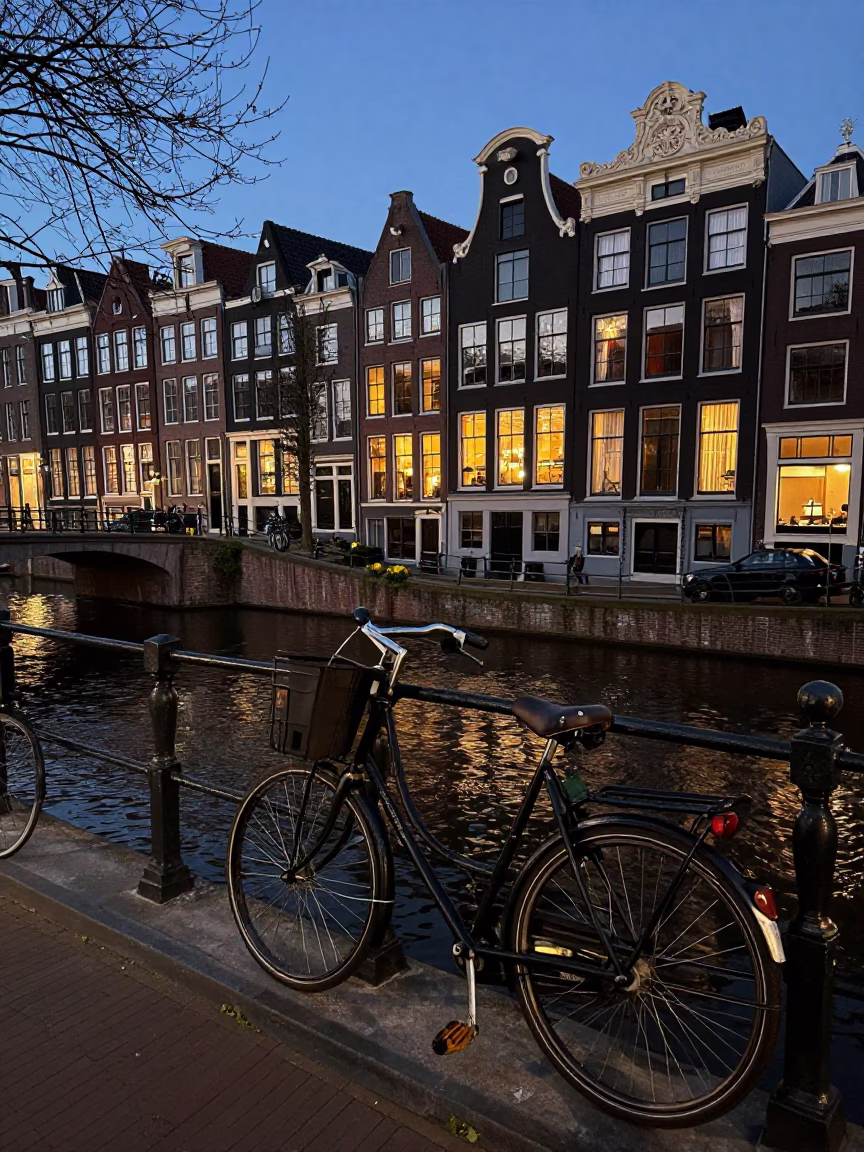 Amsterdam Canal Twilight Scene with Bicycle and Traditional Dutch Architecture in in Amsterdam, Netherlands