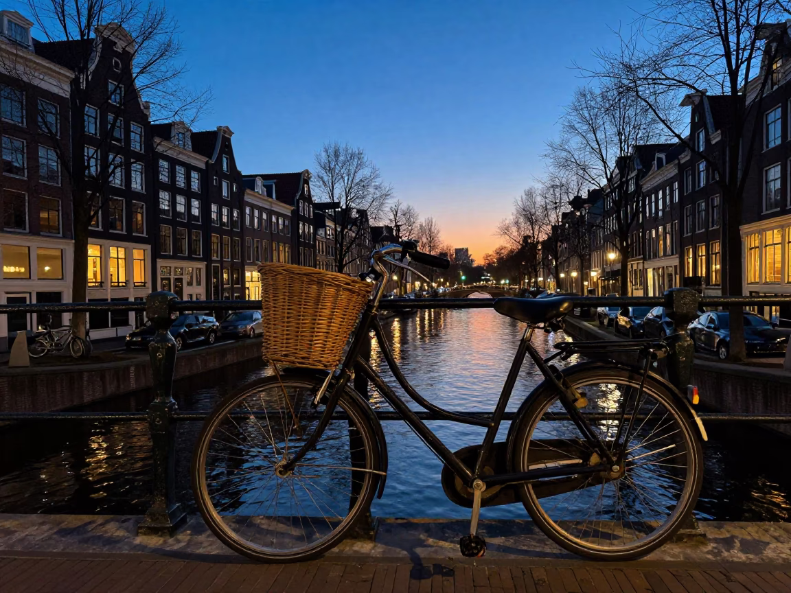 Amsterdam Canal Twilight Scene with Bicycle Basket and Cargo Barge in in Amsterdam, Netherlands