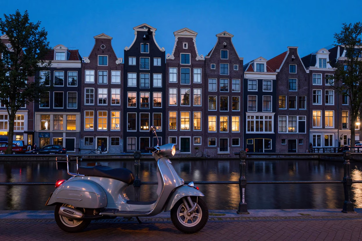Amsterdam Canal Twilight Scene with Scooter and Brick Architecture in in Amsterdam, Netherlands