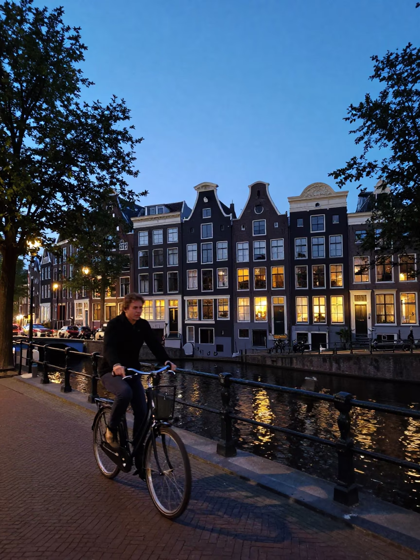 Amsterdam Canal Twilight Scene with Traditional Dutch Street Life and Bicycle Traffic in in Amsterdam, Netherlands