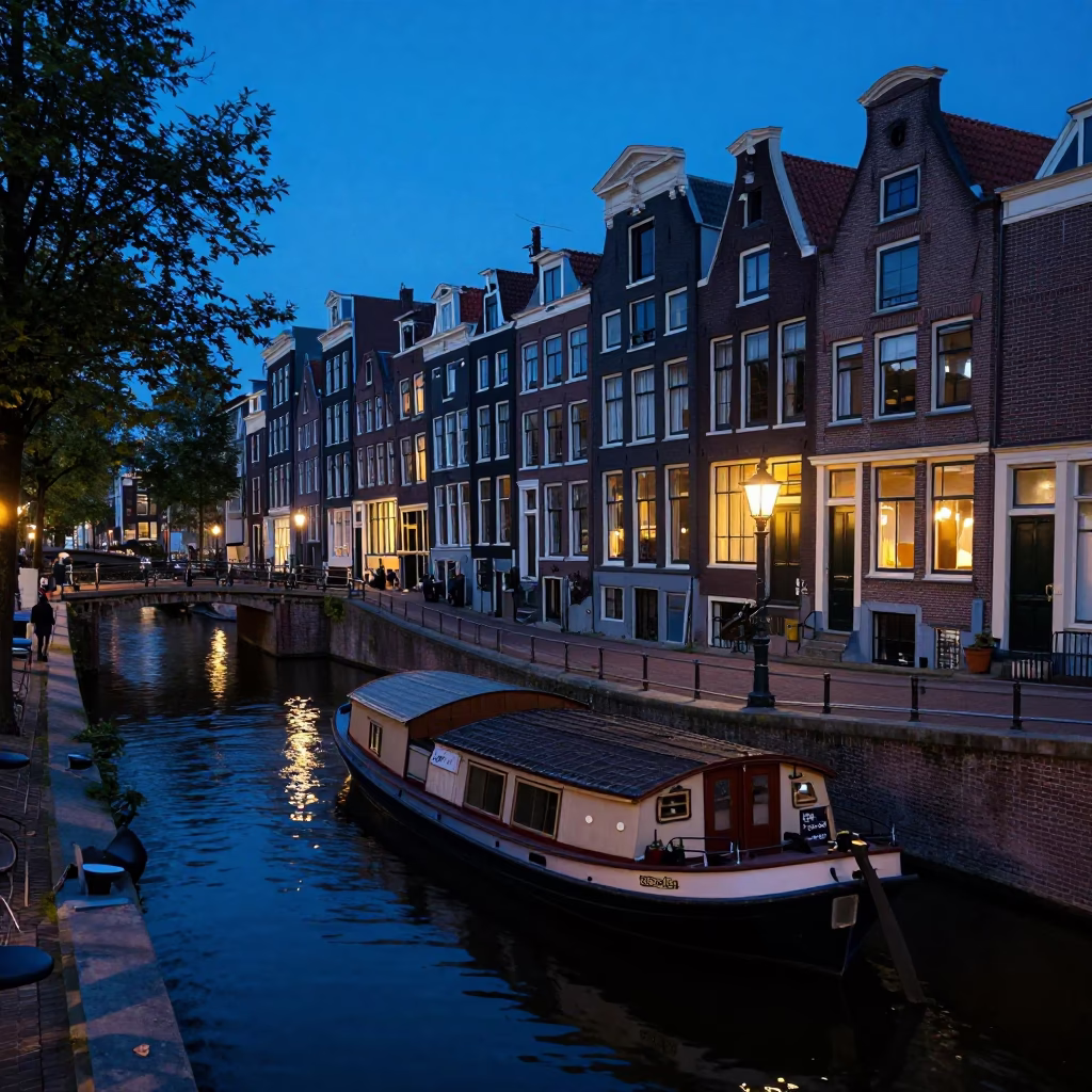 Amsterdam Canal Twilight Scene with Traditional Houseboats and Brick Architecture in in Amsterdam, Netherlands