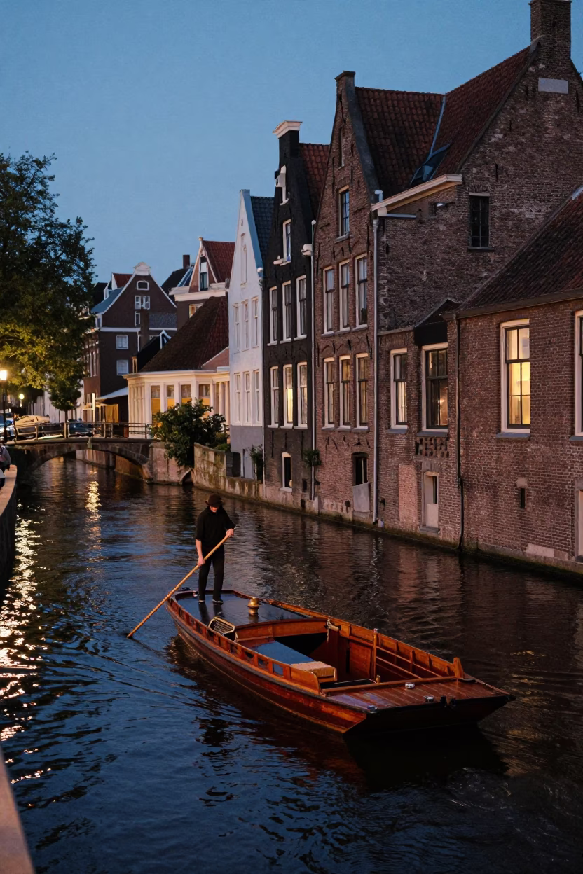Amsterdam Canal Twilight Scene with Traditional Wooden Boat and Brick Architecture in in Amsterdam, Netherlands