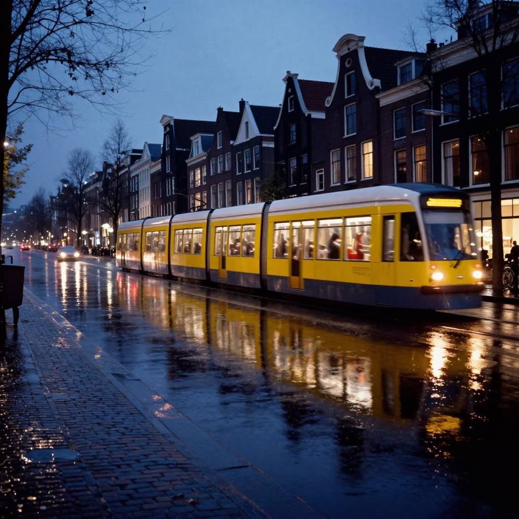 Amsterdam Canal Twilight Scene with Tram Reflections on Wet Cobblestones and Ivy in in Amsterdam, Netherlands