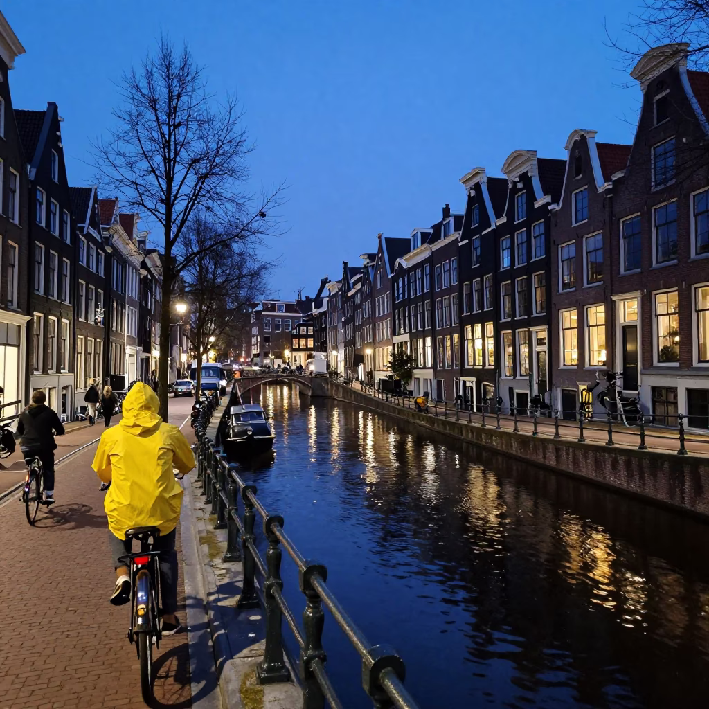Amsterdam Canal Twilight Street Scene with Cyclists and Brick Architecture in in Amsterdam, Netherlands