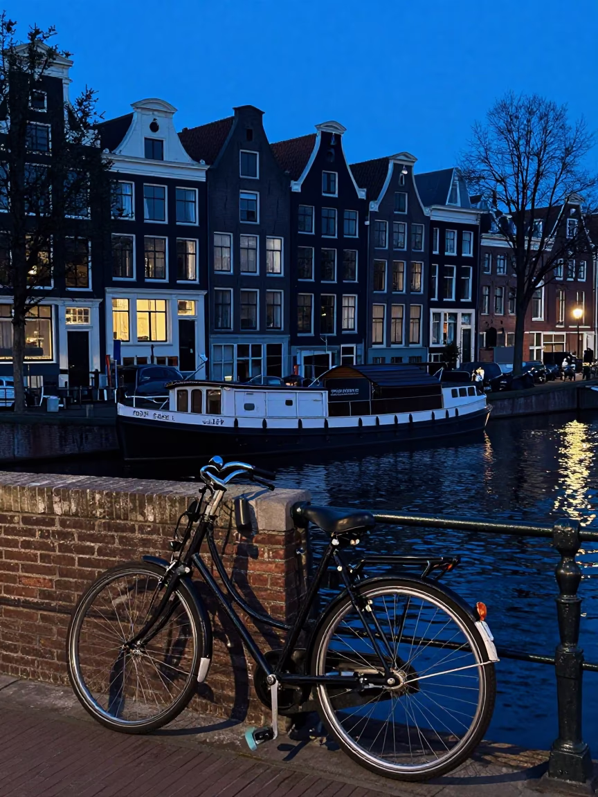 Amsterdam Canal Twilight Vintage Bicycle and Junk Boat with Rust Sails in in Amsterdam, Netherlands