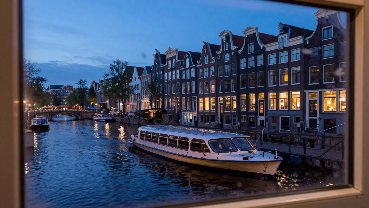 Amsterdam Canal Twilight Water Taxi Dock with Smudged Glass and Local Life in in Amsterdam, Netherlands