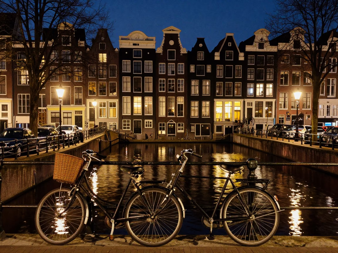 Amsterdam Canal View at Midnight Light in in Amsterdam, Netherlands