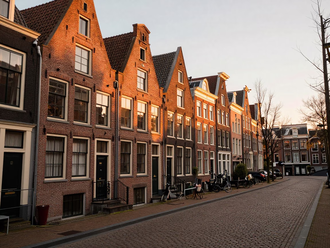 Amsterdam Cobblestone Street at Honeyed Evening Light in in Amsterdam, Netherlands