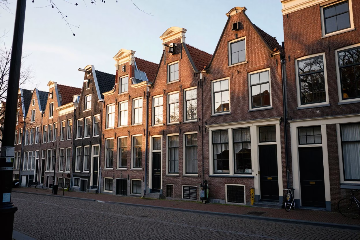 Amsterdam Cobblestone Street at The Late Afternoon Light in in Amsterdam, Netherlands