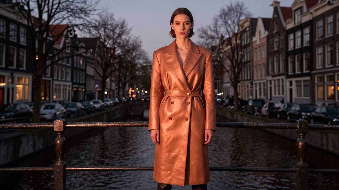 Amsterdam Copper Dusk Fashion Portrait on Historic Canal Bridge with Zinnias and Levee Elements in in Amsterdam, Netherlands