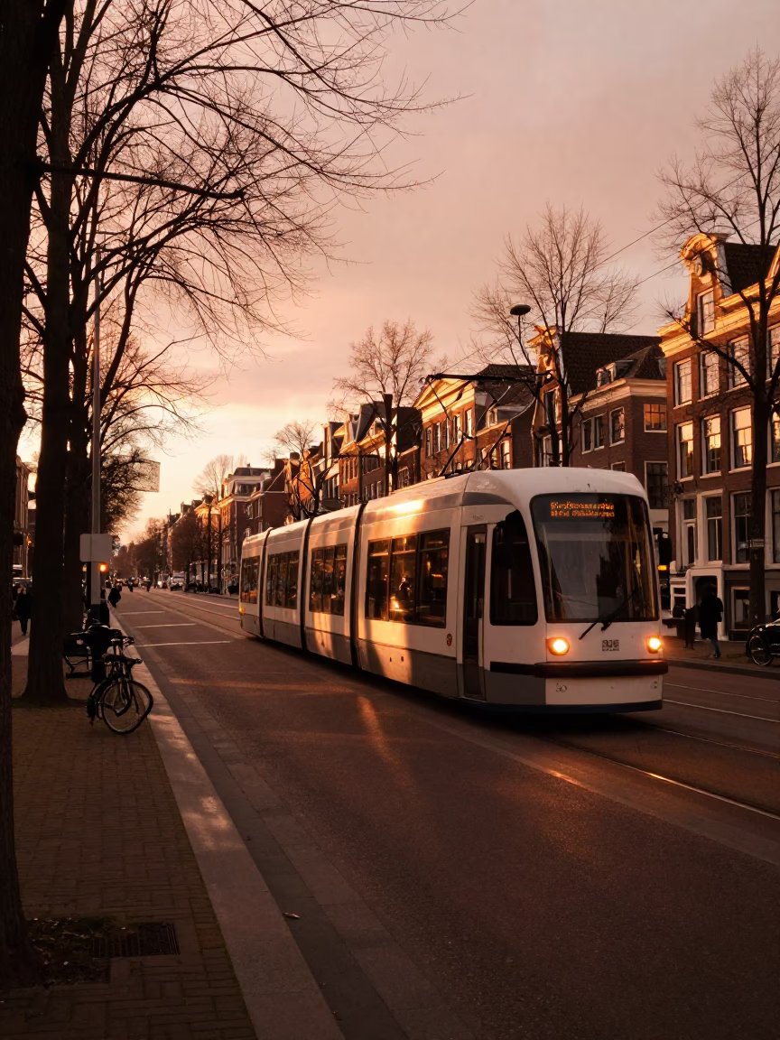 Amsterdam Copper Dusk Street Scene with Tramcar and Canal Houses in in Amsterdam, Netherlands