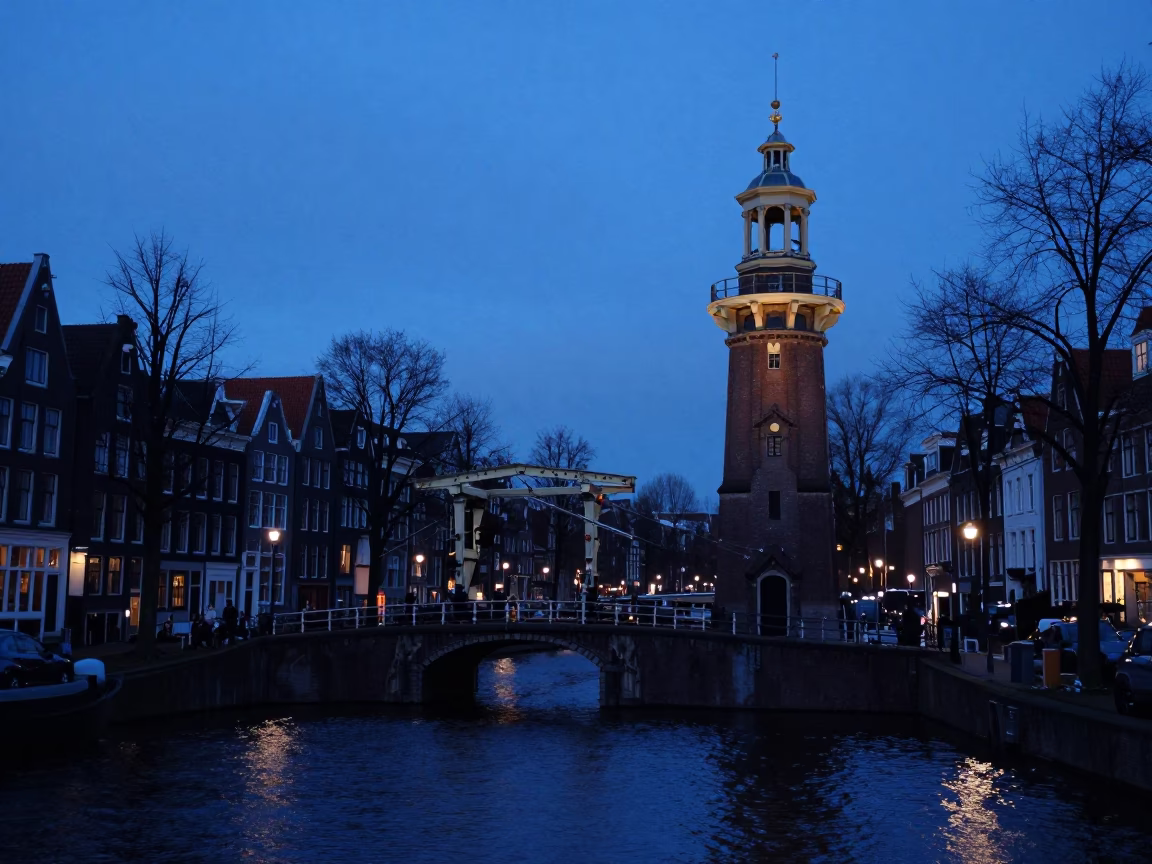Amsterdam Counterweight Tower at The Predawn Darkness Light in in Amsterdam, Netherlands