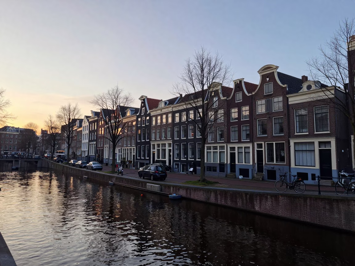 Amsterdam Dawn Canal Scene with Bicycle and Traditional Architecture in in Amsterdam, Netherlands