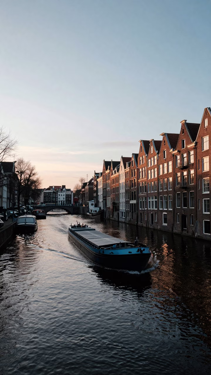 Amsterdam Dawn Canal Scene with Cargo Ship and Historic Brick Architecture in in Amsterdam, Netherlands