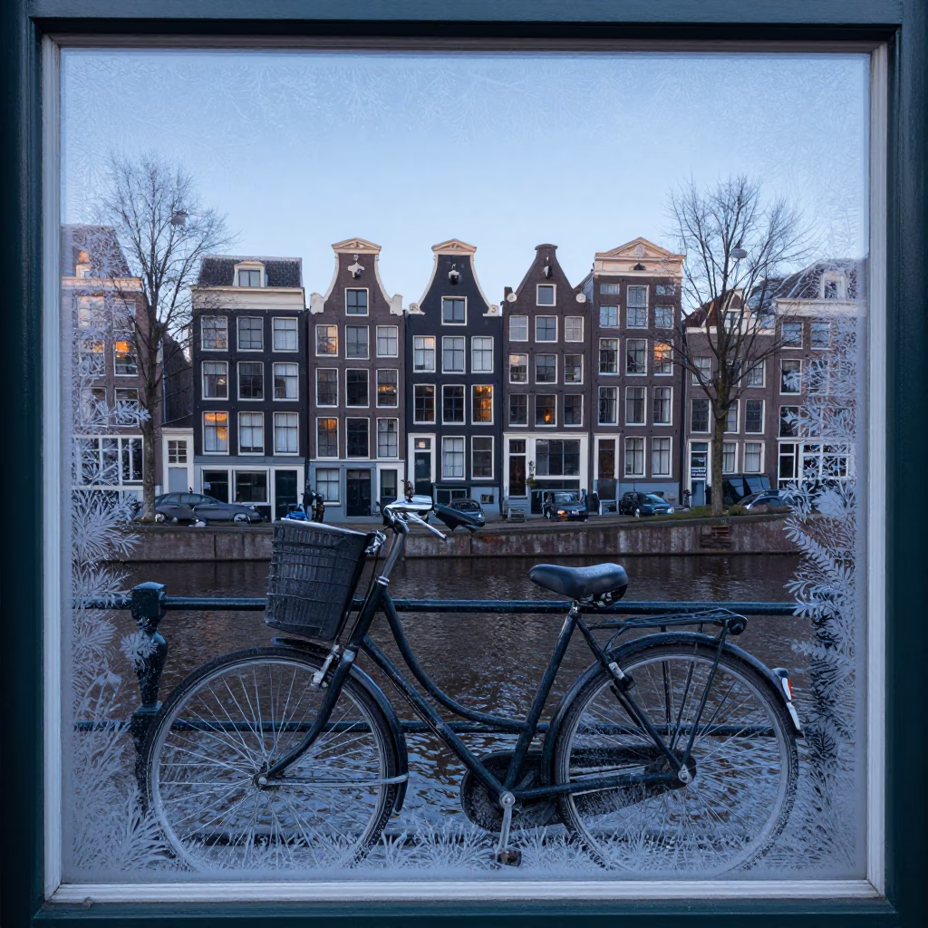 Amsterdam Dawn Frost Patterns on Vintage Bicycle Window with Canal Reflections in in Amsterdam, Netherlands