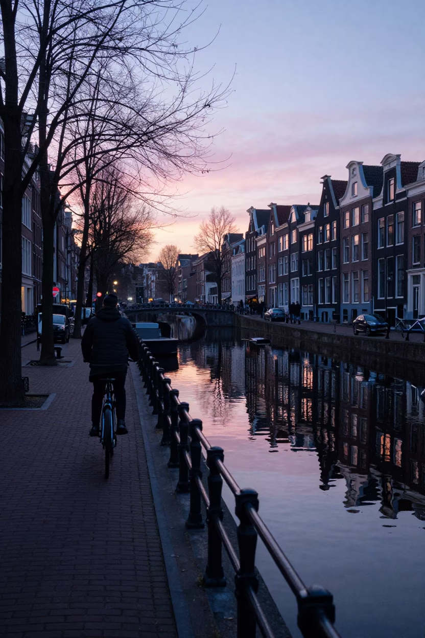 Amsterdam Dawn Street Scene with Bicycle and Canal Reflections in in Amsterdam, Netherlands