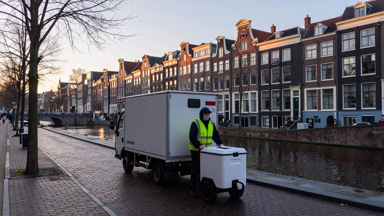 Amsterdam Dawn Street Scene with Cold Chain Logistics and Deadbolt Detail in in Amsterdam, Netherlands