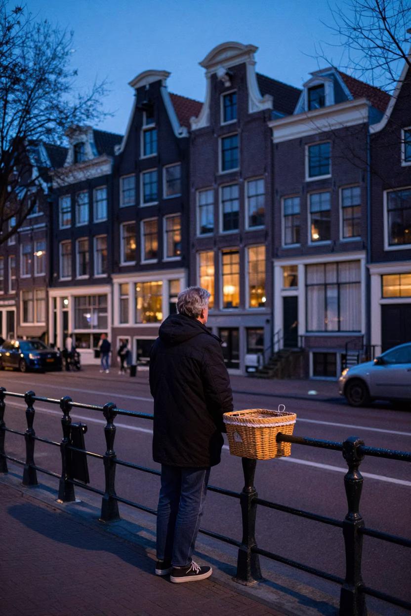 Amsterdam Dawn Street Scene with Peg Basket and Local Interaction in in Amsterdam, Netherlands