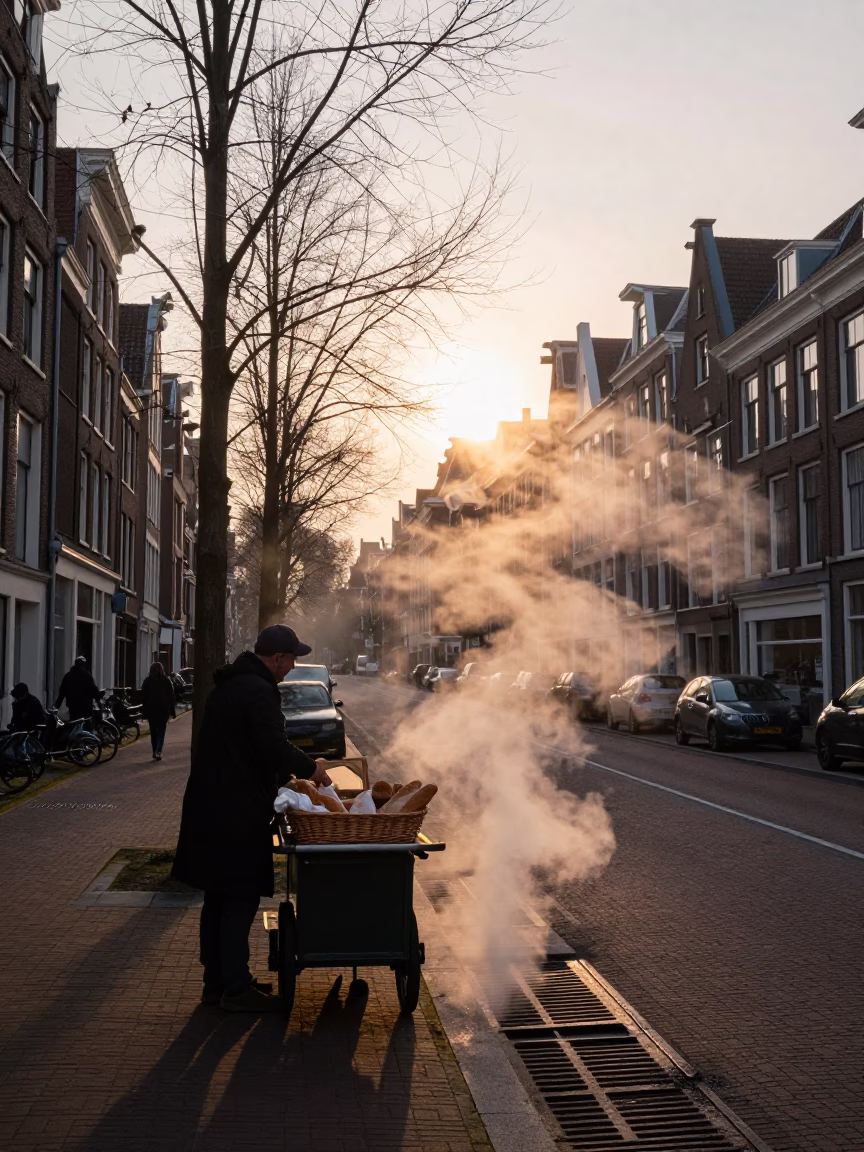 Amsterdam Dawn Street Scene with Steam Rising from Drain and Local Morning Activity in in Amsterdam, Netherlands