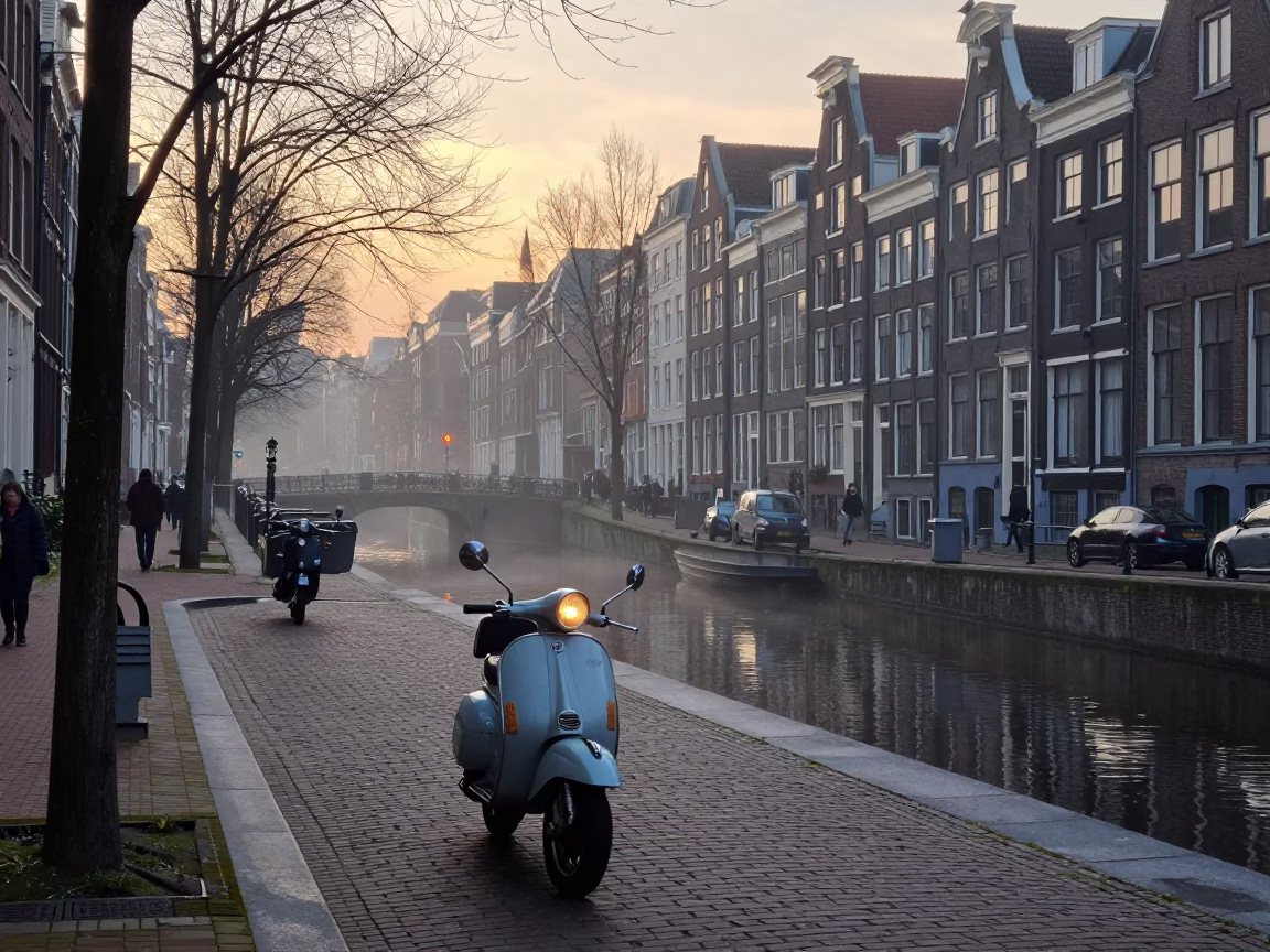 Amsterdam Dawn Street Scene with Vintage Scooter and Canal Houses in in Amsterdam, Netherlands