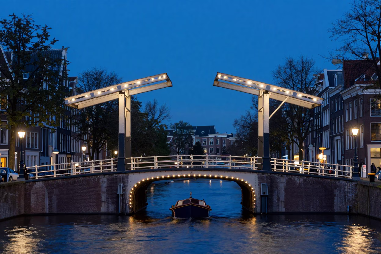 Amsterdam Drawbridge Over Moat in Evening Blue Light in in Amsterdam, Netherlands